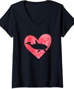 Womens Fun Heart Orca Fish Aquatic Fish Lover Animal Valentines Day V-Neck T-Shirt