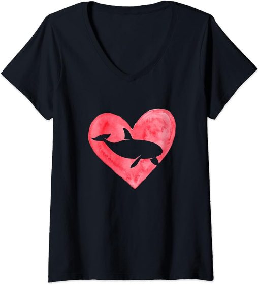 Womens Fun Heart Orca Fish Aquatic Fish Lover Animal Valentines Day V-Neck T-Shirt