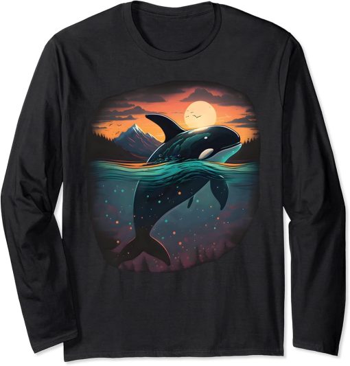 Colourful mystical orca whale watching dolphin pottwhale orca whale Long Sleeve T-Shirt