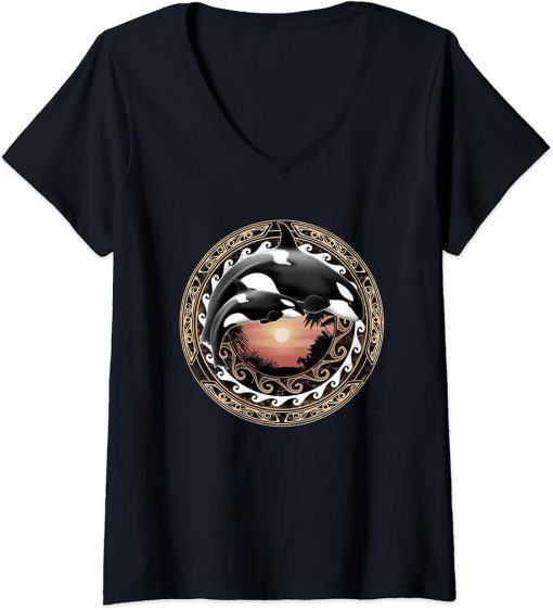 Womens Orcas Polynesian Hawaiian Whale Cute Orca V-Neck T-Shirt